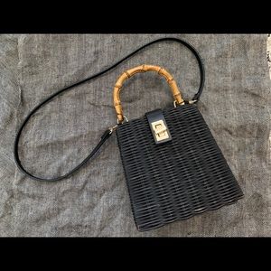 Zara black woven crossbody with bamboo handle
